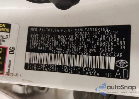 2017 Toyota Corolla Le z USA, uszkodzony, nr VIN 2T1BURHE0HC819867